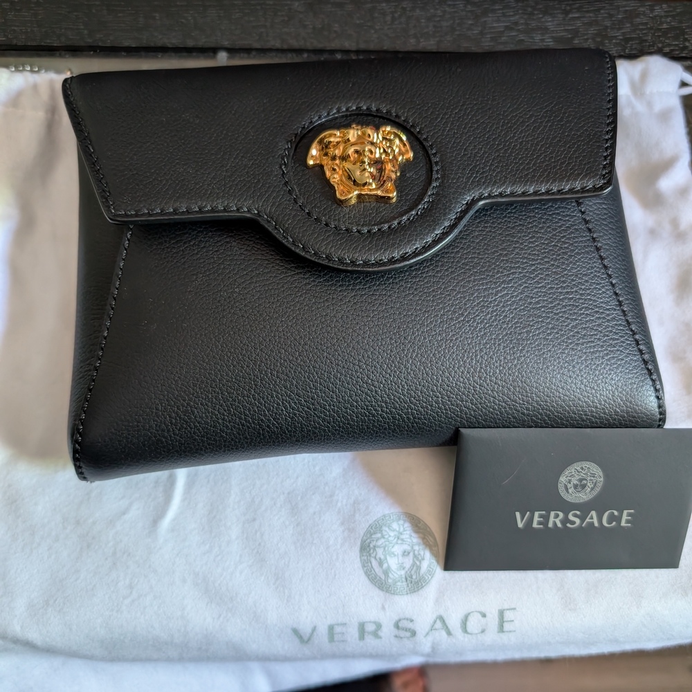 Versace Black Leather Clutch with Gold Medusa Logo